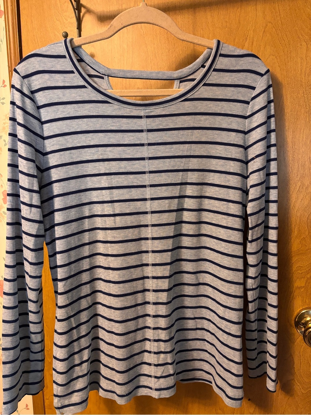 Talbots Navy and Light Gray Striped Long-Sleeve Crew Top